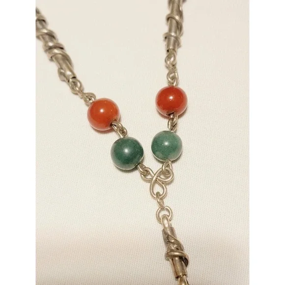 Vintage Sterling Silver Modernist Brutalist Beaded Stone Abstract Necklace 24in